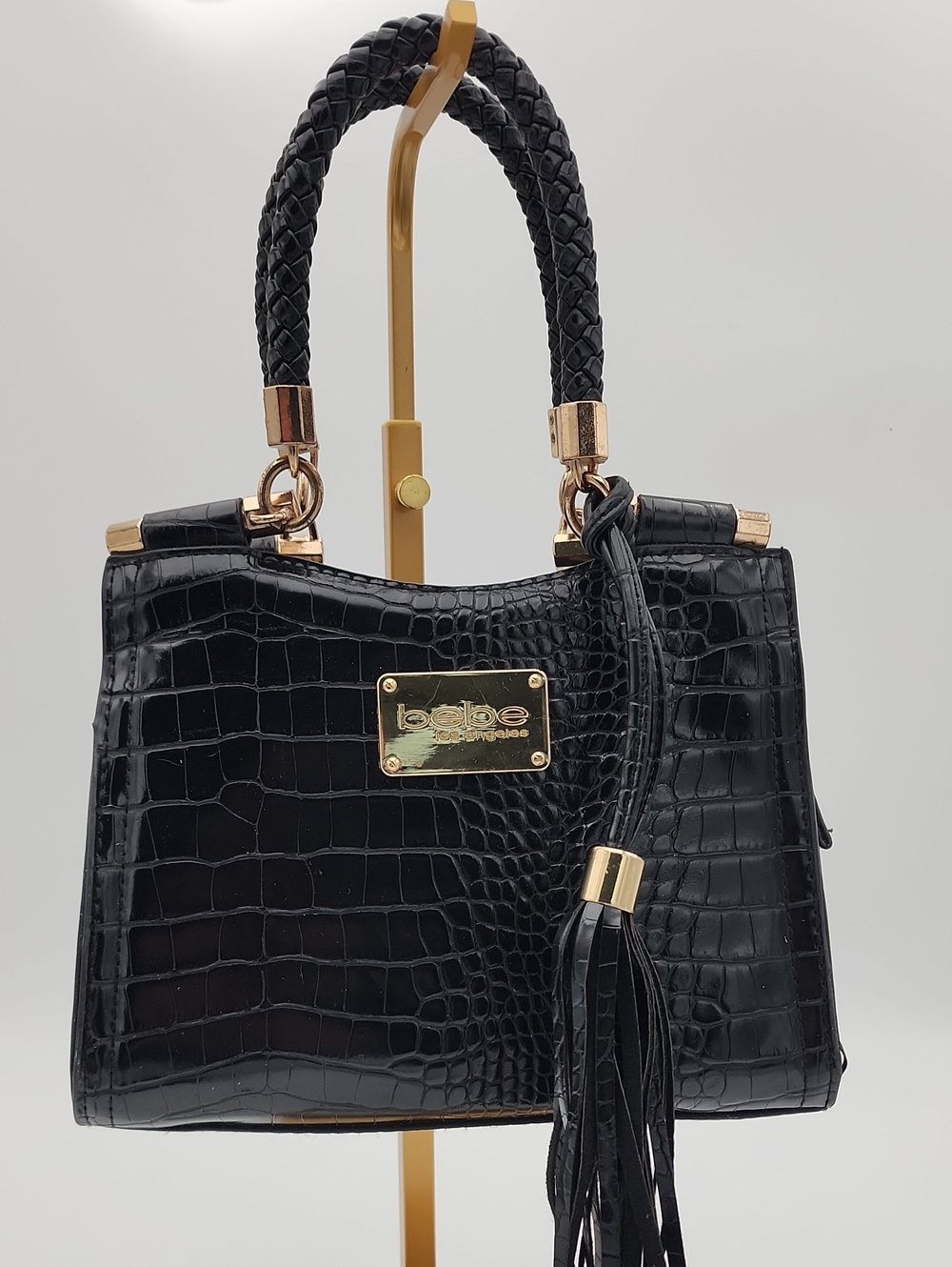 Bebe Black Croc-Embossed Braided-Handle Satchel with Tassel